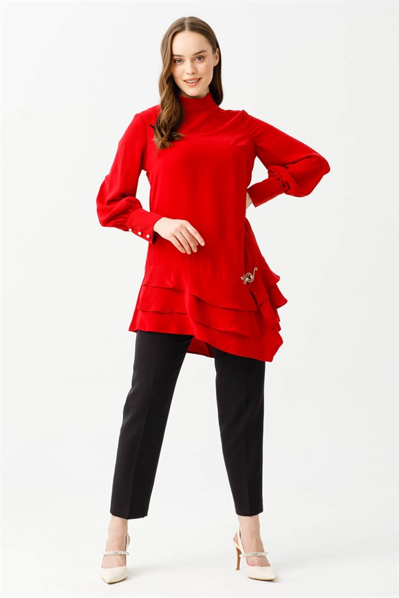 Skirt Tiered Layered Brooch Tunic - Red