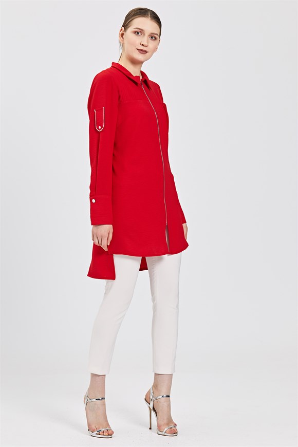 Kırmızı Fermuarlı Ceket Tarzı Tunik