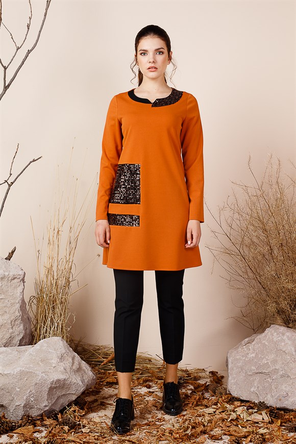 Orange - Stamp-Sequined Collar and Pocket Detailed Tunic